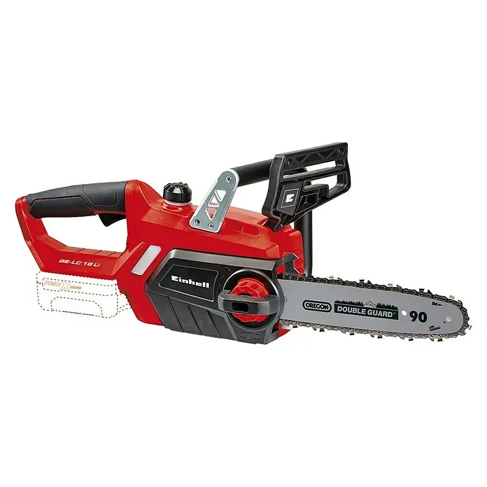 Einhell PXC 18V Motosierra de batería GE-LC 18 Li-Solo - 18 V, Sin batería, Longitud de la cuchilla: 25 cm - Motosierra inalámbrica roja Einhell GE-LC 18 Li con barra Oregon Double Guard y mango negro.