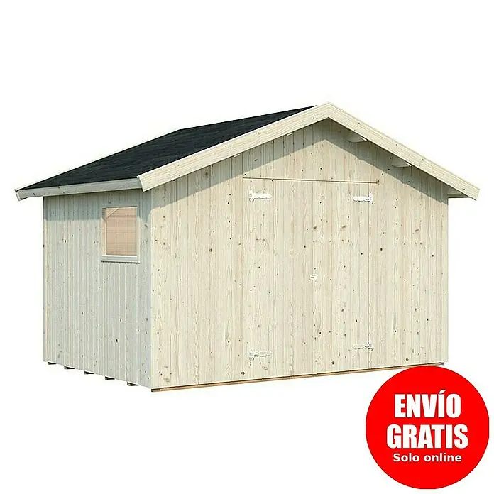 Palmako Caseta de jardín Nils - Medidas ext. (An x Pr): 392 x 289 cm, Madera, Natural - Una caseta de jardín de madera clara con techo oscuro. Perfecta para guardar herramientas de jardín y más.