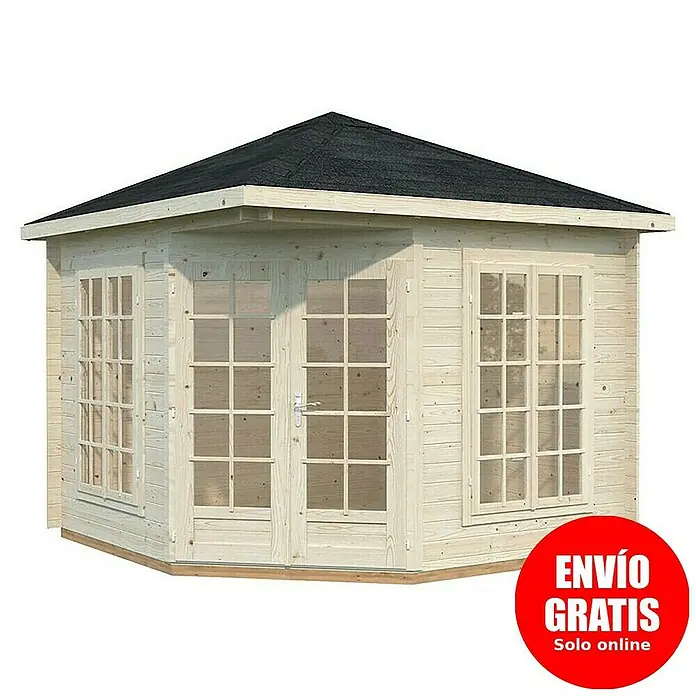 Palmako Caseta de jardín Melanie - Medidas ext. (An x Pr): 322 x 322 cm, Madera, Natural, 7 m² - Imagen de una caseta de jardín de madera con ventanas y techo negro.