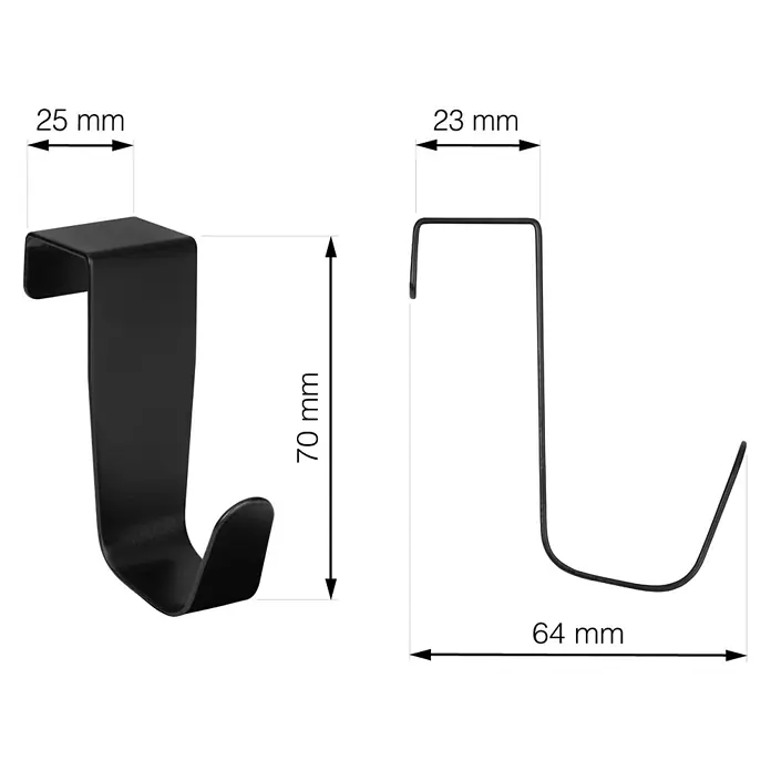 Walteco Türhaken - L x B x H: 25 x 64 x 70 mm, 2 Stk. - Abbildung eines Türhängers mit Maßangaben: 25 mm, 23 mm, 70 mm und 64 mm.