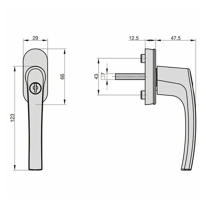 Basi Fenstergriff FG 503 - Weiß, Distanznorm: 43 mm - Technische Zeichnung eines Fenstergriffs mit Maßen für Design und Konstruktion.