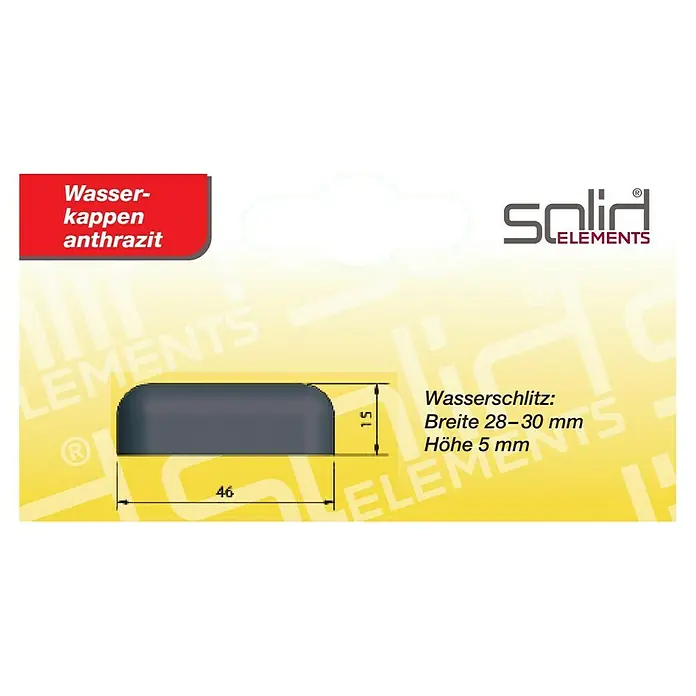 Solid Elements Wasserkappen - 4 Stk., Anthrazit - Abbildung einer anthrazitfarbenen Wasserkappe mit den Maßen 46 x 15 mm, Wasserschlitzbreite 28–30 mm und -höhe 5 mm.