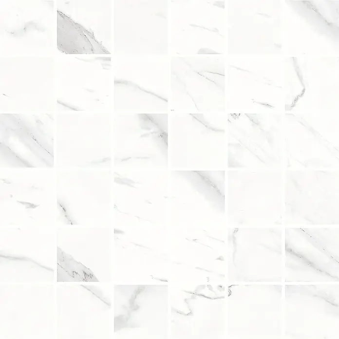 Opiart Mosaikfliese Blanco - 30 x 30 cm, Weiß, Glänzend - Nahaufnahme von Marmorfliesen. Die subtilen Wirbel und Schattierungen auf den weißen Fliesen sorgen für ein luxuriöses und raffiniertes Aussehen.
