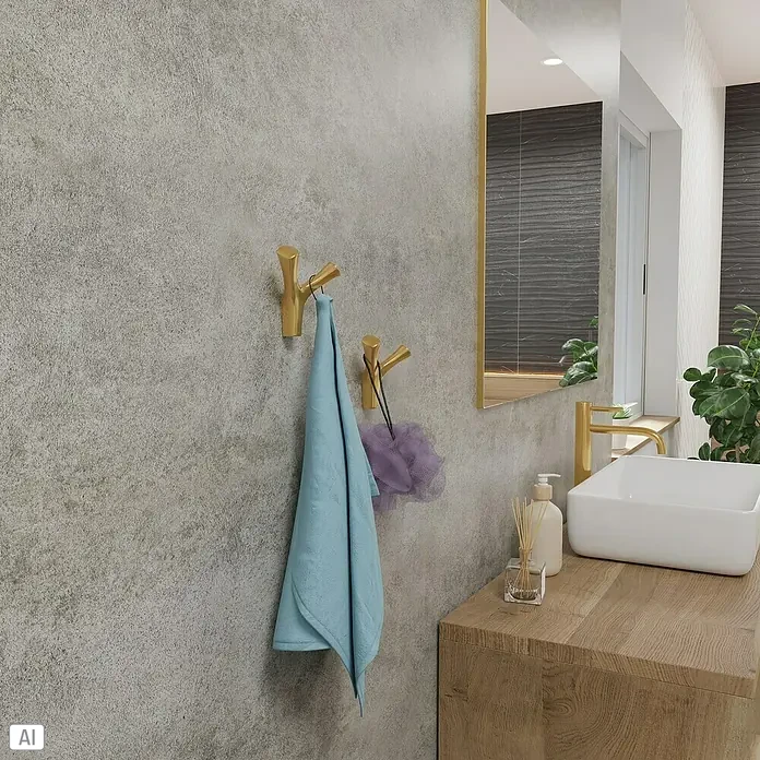 Walteco Garderobenhaken AMIOSO II - L x B x H: 76 x 48 x 92 mm, Anzahl Haken: 2 Stk., Gold - Ein modernes Badezimmer mit goldenen Handtuchhaken und einer blauen Handtuch. Ein Waschbecken auf einer Holzkommode.