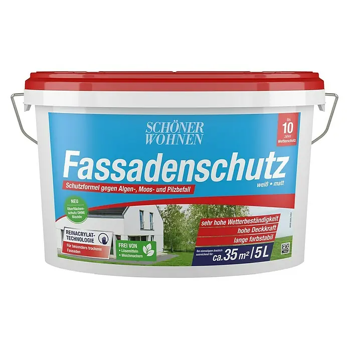 SCHÖNER WOHNEN-Farbe Dispersionsfassadenfarbe Fassadenschutz - Weiß, 5 l - Farbdose Schöner Wohnen Fassadenschutz, weiß matt, 5L. Für bis zu 10 Jahre Wetterschutz, schützt vor Algen, Moos und Pilzbefall.