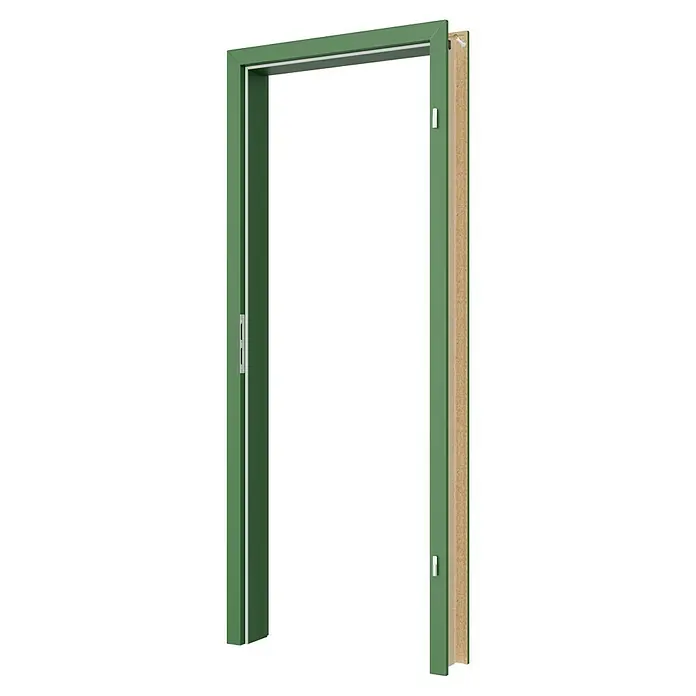 GetaDoor Getalit Türzarge FM8237 - 735 x 1.985 mm, Wandstärke: 185 mm, DIN Anschlag: Rechts, Edeltanne - Das Bild zeigt eine grüne Außentür mit Rahmen, die einen robusten und stilvollen Eingangsbereich verspricht. Die Tür ist stabil und sicher.