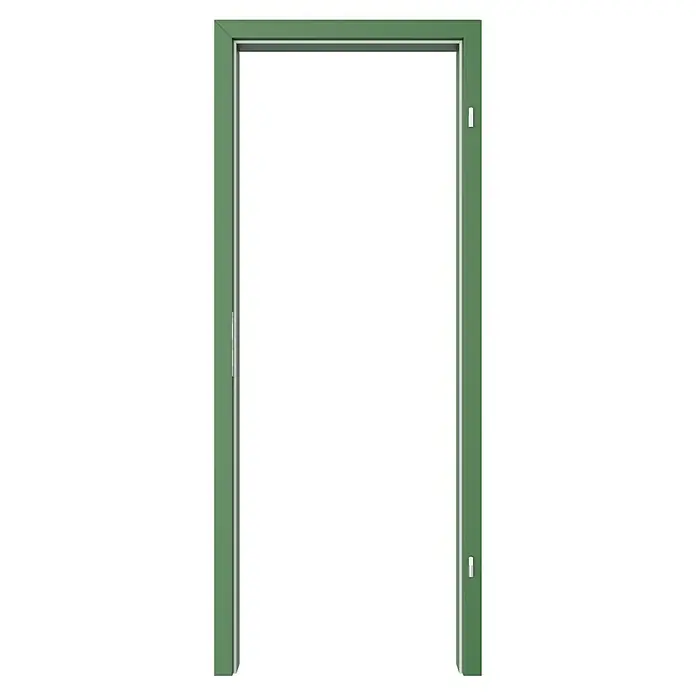 GetaDoor Getalit Türzarge FM8237 - 735 x 1.985 mm, Wandstärke: 185 mm, DIN Anschlag: Rechts, Edeltanne - Ein grüner Fensterrahmen mit hellgrauen Details. Er ist schlicht und modern und bietet einen Blick auf das Innere durch die Öffnung.