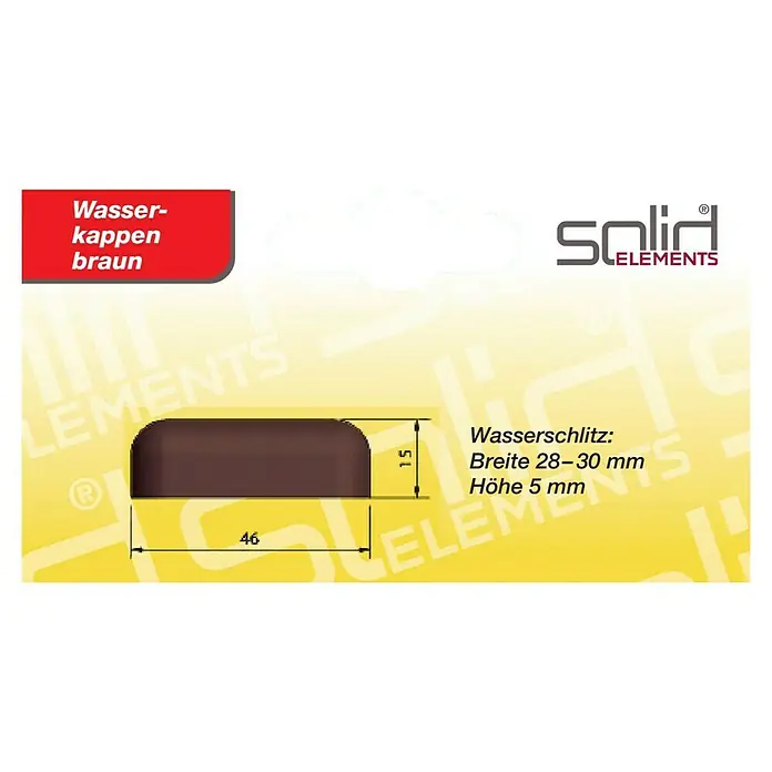 Solid Elements Wasserkappen - 4 Stk., Braun - Eine braune Wasserkappe, dargestellt mit ihren Abmessungen und technischen Details auf gelbem Hintergrund.