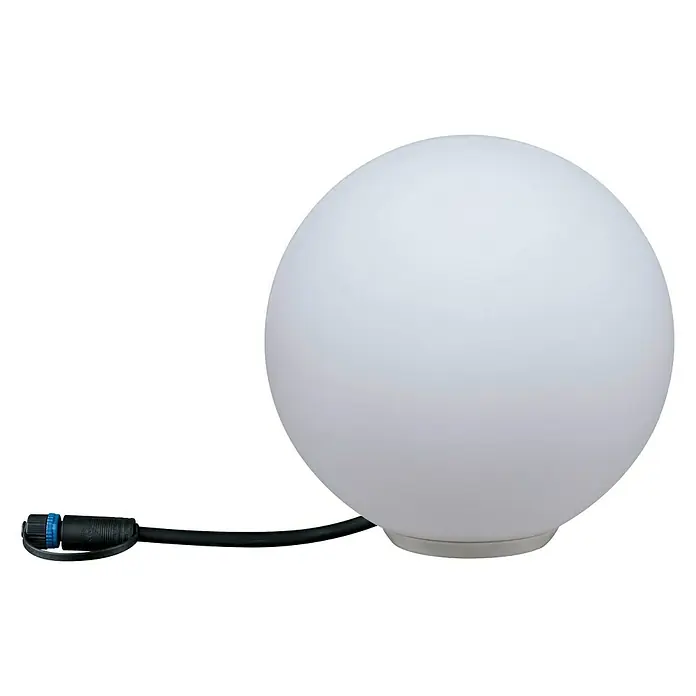 Paulmann Plug & Shine Aplique para exterior LED Globe - 2,8 W, IP67, Blanco cálido - Una esfera de luz redonda y blanca con un cable negro y un conector azul. Perfecto para crear un ambiente agradable en su jardín o patio.