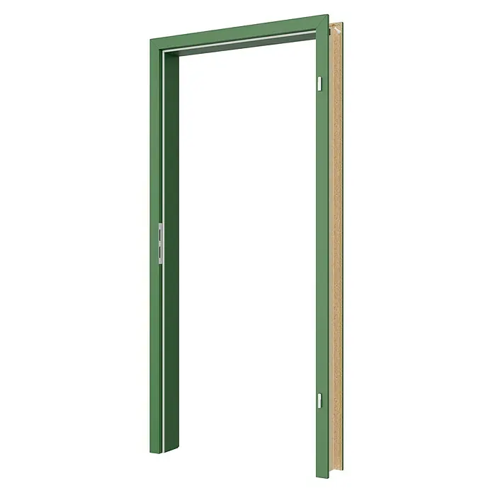 GetaDoor Getalit Türzarge FM8237 - 860 x 1.985 mm, Wandstärke: 80 mm, DIN Anschlag: Rechts, Edeltanne - Das Bild zeigt eine grüne Tür mit einem Holzrahmen, die leicht geöffnet ist und einen Blick ins Innere ermöglicht.