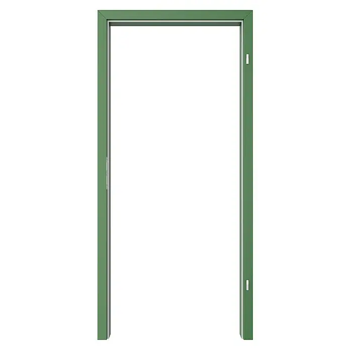 GetaDoor Getalit Türzarge FM8237 - 860 x 1.985 mm, Wandstärke: 80 mm, DIN Anschlag: Rechts, Edeltanne - Grüner Türrahmen: Ein detailliertes Bild zeigt einen grünen Türrahmen mit silberfarbenen Akzenten, ideal für moderne Inneneinrichtungen.