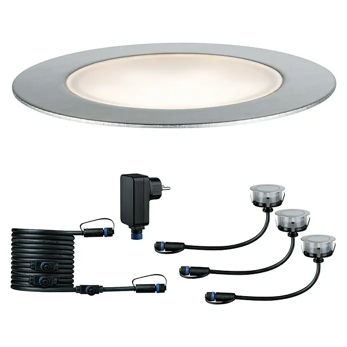 Paulmann Plug & Shine Set básico de focos para empotrar en suelo Floor - 7 x 3 cm, Blanco cálido, Plata - Conjunto de focos LED empotrables con bisel redondo, fuente de alimentación y cables. Ideal para iluminación exterior.
