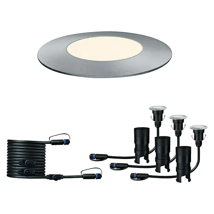Paulmann Plug & Shine LED-Gartenspot-Set Floor Mini Ergänzung - 3 Stk., 24 V, 2,5 W, IP65 - Abbildung von einem LED-Beleuchtungsset, bestehend aus einer runden Deckenleuchte und mehreren Bodeneinbaustrahlern mit Kabelverbindungen.