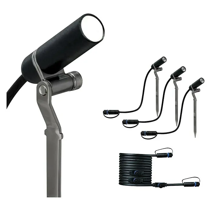 Paulmann Plug & Shine LED-Gartenspot-Set Plantini Erweiterung - 2 W, IP44 Schutzkontakt-Stecker, IP44 - Bild von einer Gartenbeleuchtung mit Erdspieß, bestehend aus einem Strahler, Erdspießen und einem Kabel für den Außenbereich.