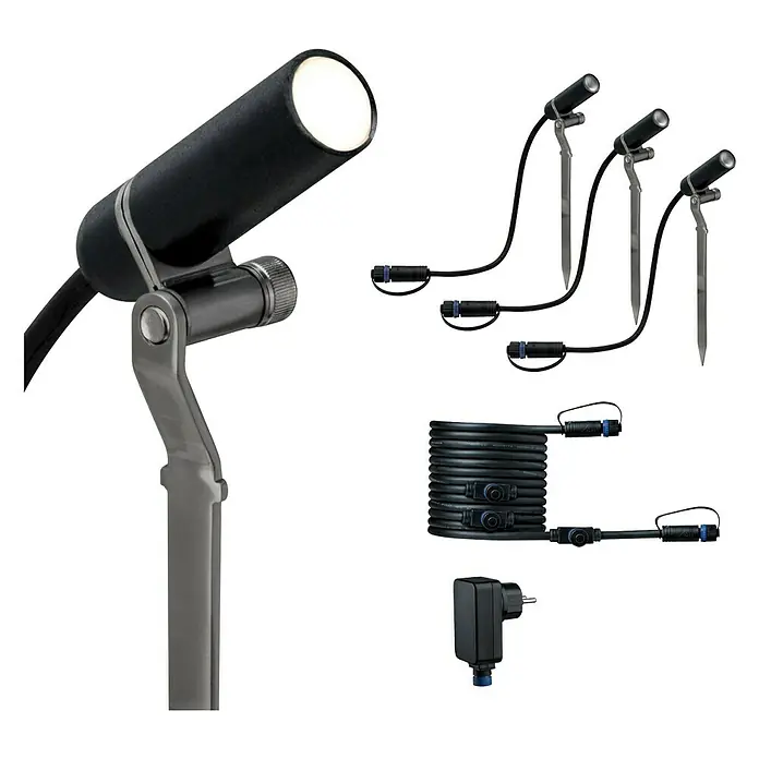 Paulmann Plug & Shine Basis-Set LED-Gartenstrahler Plantini - 2 W, Erdspieß, IP65, 3 Stk. - Bild einer LED-Gartenleuchte mit Erdspieß, Kabelrolle und Netzteil. Die Leuchte ist schwarz mit silbernem Halter.