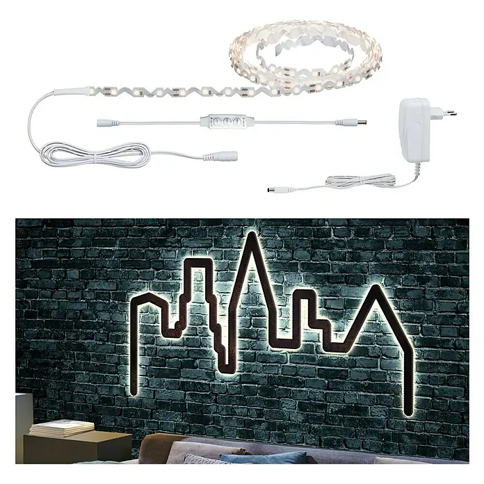 Paulmann LED-Band FlexLED 3D Basisset - Länge: 3 m, Lichtfarbe: Warmweiß, 8 W, 960 lm - LED-Streifen mit Netzteil und Steuerung zur Gestaltung einer Wanddekoration mit Skyline-Motiv. Ideal für modernes Ambiente.