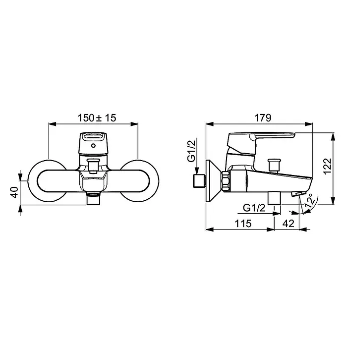 Hansa Polo Badewannenarmatur - Ausladung Armatur: 157 mm, Chrom, Glänzend - Abbildung einer Armatur mit Maßangaben, die die Dimensionen und Anschlüsse des Produkts für Installationszwecke zeigen.