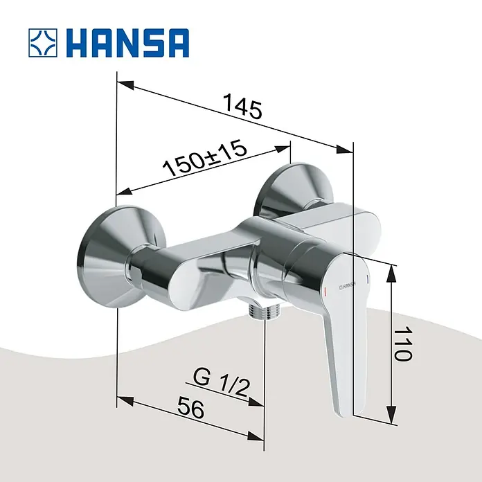 Hansa Polo Brausearmatur - Chrom, Glänzend, Ausladung: 145 mm - Abbildung einer HANSA Waschtischarmatur mit Maßangaben zu deren Dimensionen für Installationszwecke.