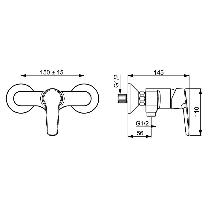 Hansa Polo Brausearmatur - Chrom, Glänzend, Ausladung: 145 mm - Produktdiagramm einer Wandarmatur mit Maßangaben, einschließlich Abmessungen und Anschlussdetails für die Installation.