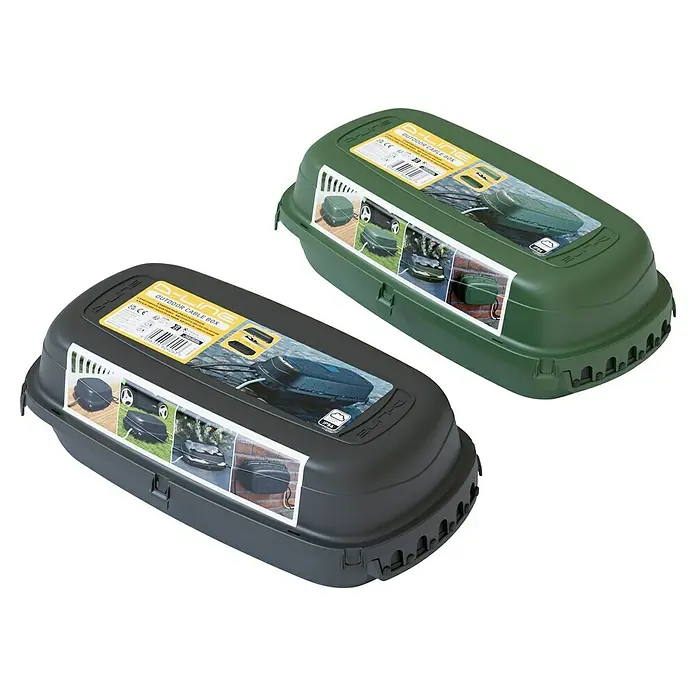 D-Line Kabelbox Save Box - Schwarz, L x B x H: 36 x 19,5 x 11,5 cm - Zwei D-Line Outdoor-Kabelboxen in Schwarz und Grün, ideal zum Schutz von Kabelverbindungen im Außenbereich.