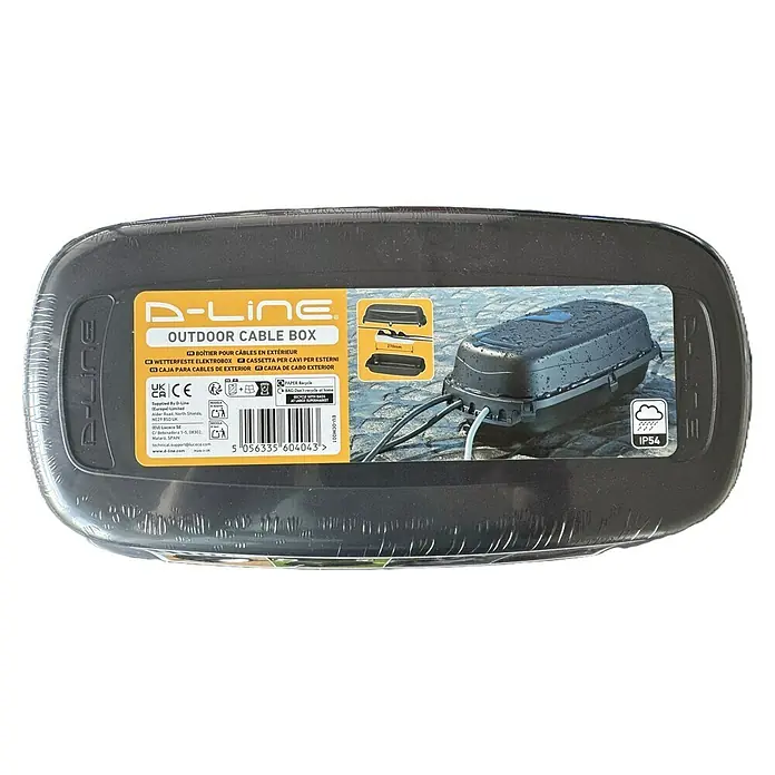 D-Line Kabelbox Save Box - Schwarz, L x B x H: 36 x 19,5 x 11,5 cm - Das D-Line Outdoor-Kabelbox-Produktbild zeigt eine wetterfeste Aufbewahrungslösung für Kabel im Außenbereich, die Sicherheit und Ordnung bietet.