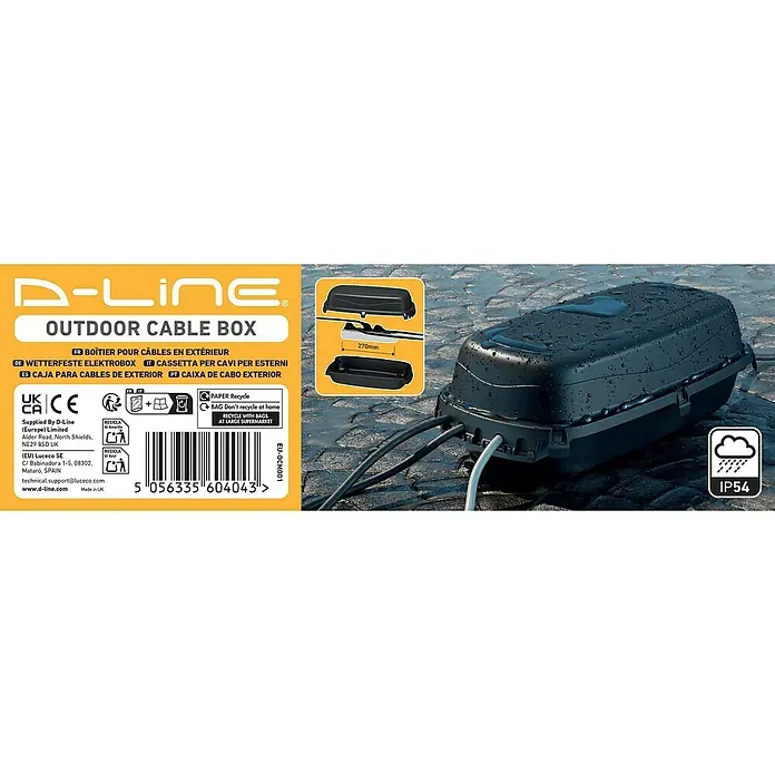 D-Line Kabelbox Save Box - Schwarz, L x B x H: 36 x 19,5 x 11,5 cm - Bild einer wasserdichten D-Line Kabelbox für den Außenbereich, ideal um Kabelverbindungen vor Feuchtigkeit zu schützen.
