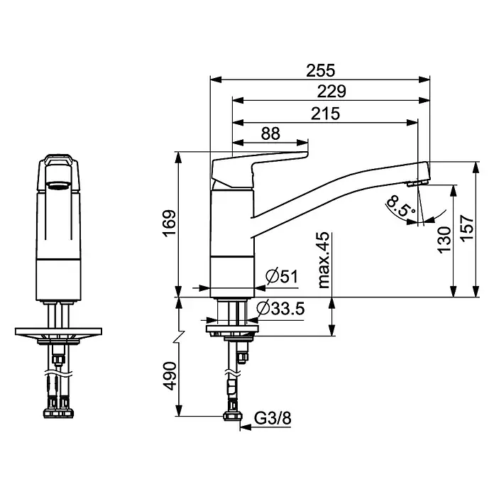 Spültischarmatur - Ausladung Armatur: 215 mm, Chrom, Glänzend - Technische Zeichnung einer Armatur mit Maßangaben, die die Abmessungen und Details des Produkts verdeutlichen.
