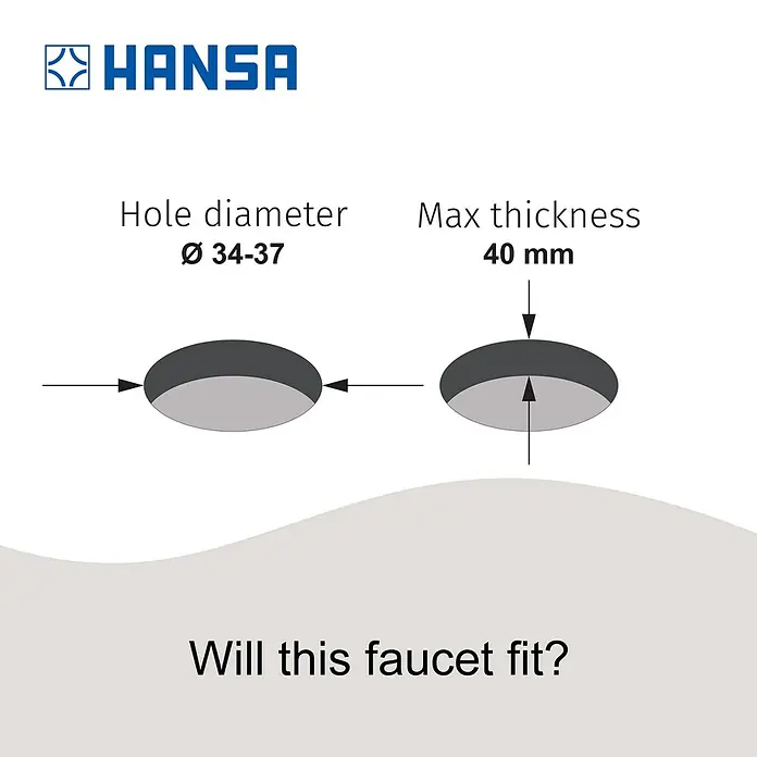 Hansa Vantis Spültischarmatur - Chrom, Glänzend - Abbildung der Spezifikationen für eine Armatur von HANSA, einschließlich Lochdurchmesser und maximaler Dicke.