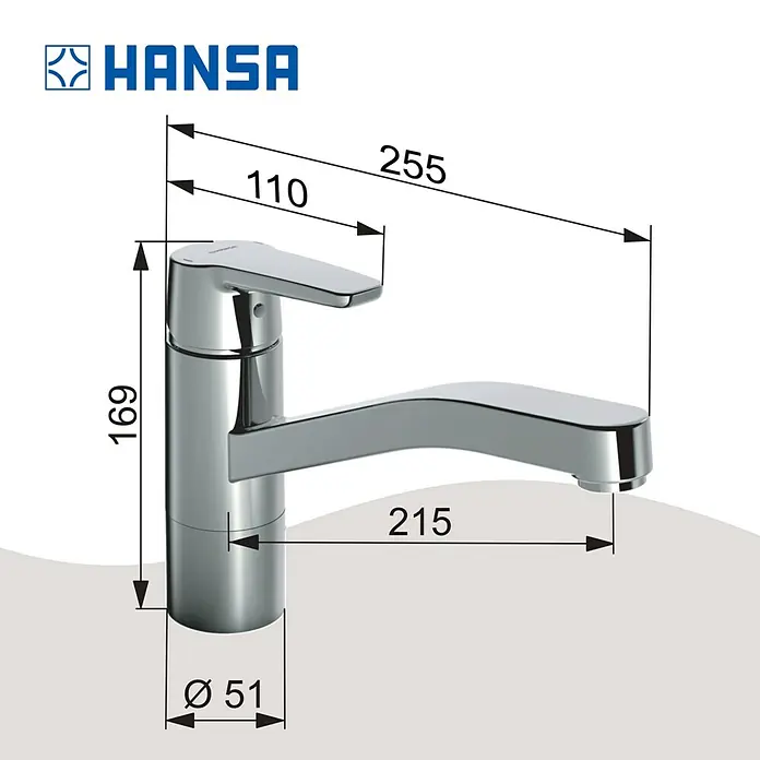 Spültischarmatur - Ausladung Armatur: 215 mm, Chrom, Glänzend - Produktabbildung einer HANSA Armatur mit Maßangaben für Höhe, Ausladung und Durchmesser. Hochwertiges Design für moderne Badezimmer.