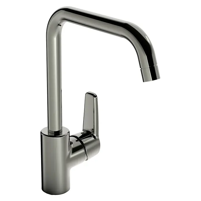 Hansa Polo Spültischarmatur - U-Auslauf, Chrom, Glänzend - Nahaufnahme eines eleganten, silberfarbenen Wasserhahns mit gebogenem Auslauf und Hebel zur Wasserregulierung.