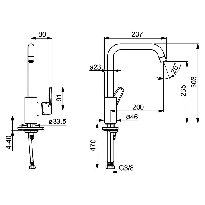 Hansa Polo Spültischarmatur - U-Auslauf, Chrom, Glänzend - Technische Zeichnung einer Küchenarmatur mit Maßangaben für Design und Installation.