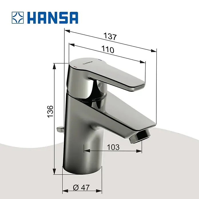 Hansa Polo Waschtischarmatur - Mit Zugstange, Chrom, Glänzend - Produktdarstellung: Hansa Waschtischarmatur mit Maßangaben. Das elegante Design und die präzisen Abmessungen machen diese Armatur zu einem Blickfang.