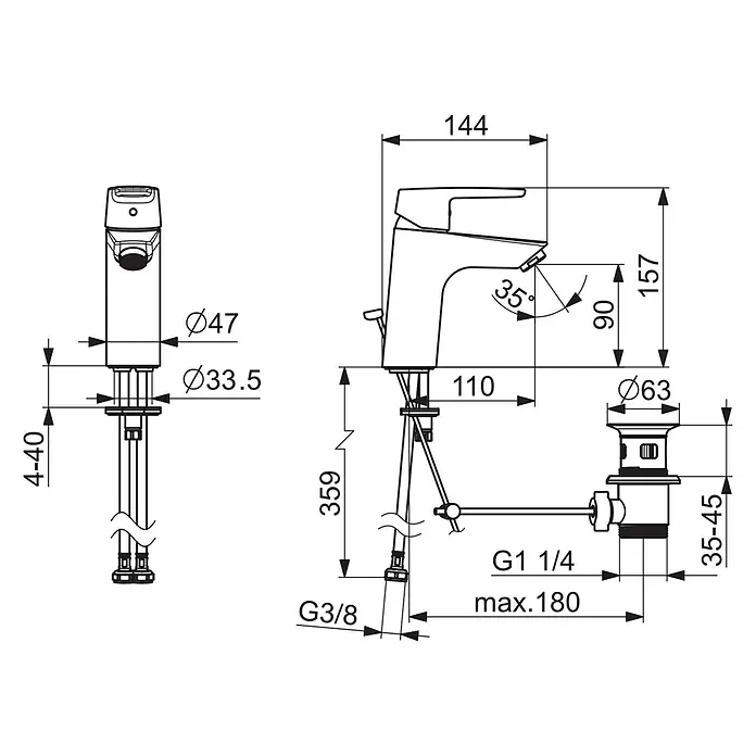 Hansa Polo Waschtischarmatur M-Size - Chrom, Glänzend - Detailzeichnung einer Armatur mit Maßangaben zu Höhe, Durchmesser und Anschlussgrößen für Sanitärinstallationen.