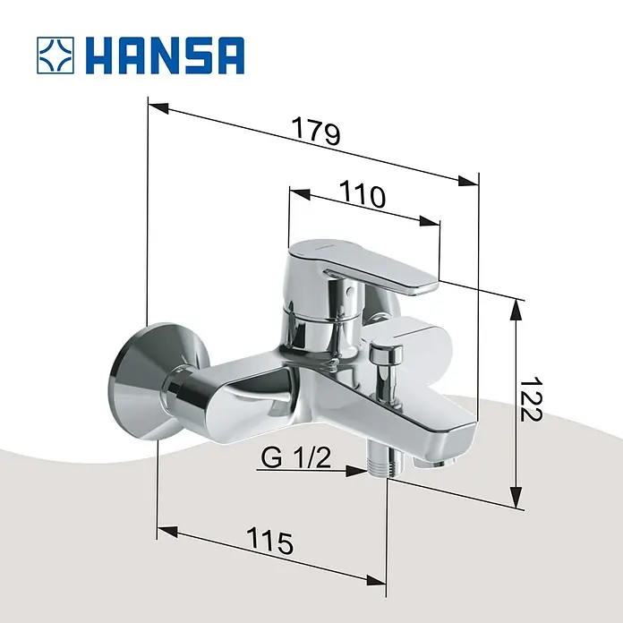 Hansa Polo Badewannenarmatur - Ausladung Armatur: 157 mm, Chrom, Glänzend - Abbildung einer Hansa-Einhand-Batterie mit den Maßen 179, 110, 122 und 115, inklusive des Gewindes G 1/2.