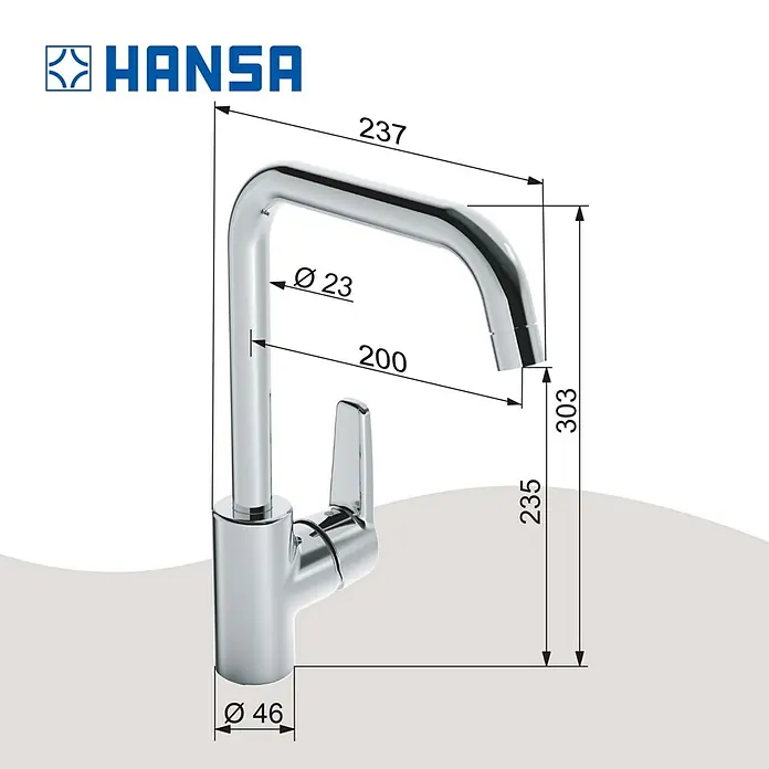 Hansa Polo Spültischarmatur - U-Auslauf, Chrom, Glänzend - Abbildung der Hansa Armatur mit detaillierten Maßangaben für den Sanitärbereich, ideal für präzise Planungen und Installationen.