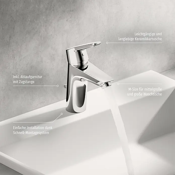 Hansa Polo Waschtischarmatur XL - Mit Zugstange, Chrom, Glänzend - Nahaufnahme einer glänzenden Armatur auf einem Waschbecken, Wasser fließt. Sie zeichnet sich durch einfache Installation und langlebige Keramikkartusche aus.
