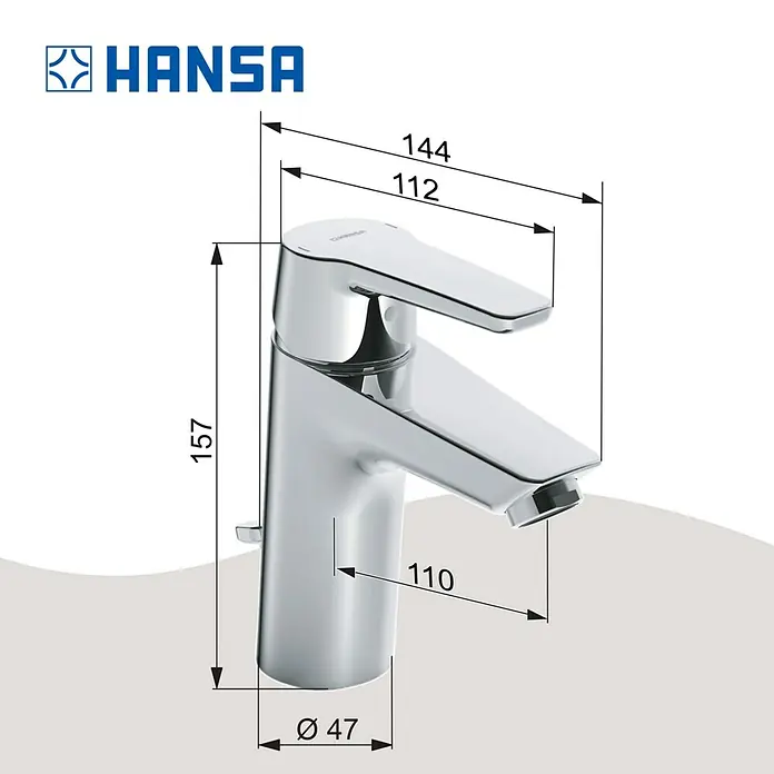 Hansa Polo Waschtischarmatur XL - Mit Zugstange, Chrom, Glänzend - Abbildung eines HANSA Waschtischarmatur, glänzende Oberfläche, mit Maßangaben.