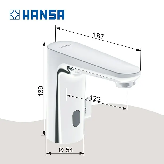 Hansa Electra Waschtischarmatur - Chrom, Glänzend - Produktdiagramm einer HANSA Waschtischarmatur mit Sensorsteuerung und den Maßen Höhe 139mm, Ausladung 167mm, Durchmesser 54mm und Sensorhöhe 122mm.