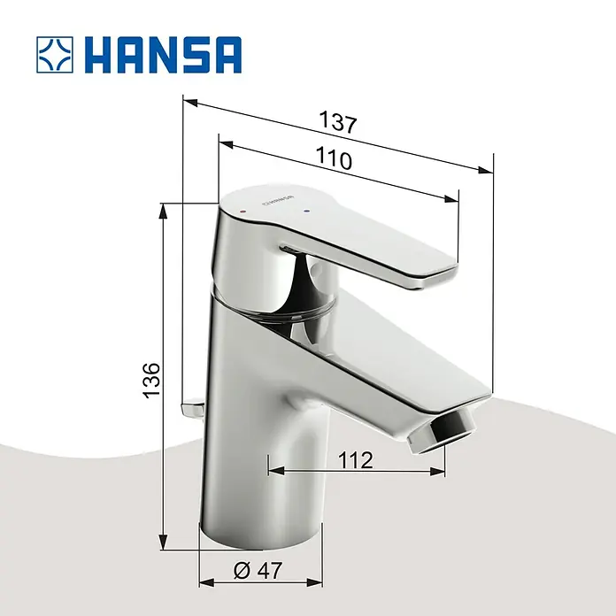 Hansa Polo Waschtischarmatur S-Size - Chrom, Glänzend - Abbildung eines Hansa Waschtischarmatur mit Maßangaben, die die Abmessungen von Höhe, Ausladung und Durchmesser des Wasserhahns zeigen.