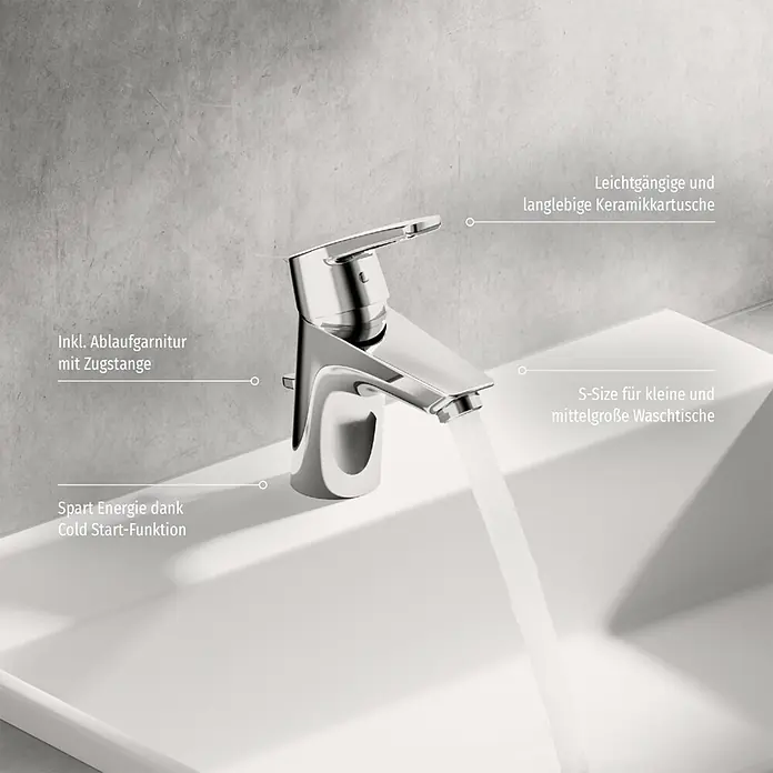 Hansa Polo Waschtischarmatur S-Size - Chrom, Glänzend - Nahaufnahme eines modernen Waschtischhahns mit Wasserauslauf.