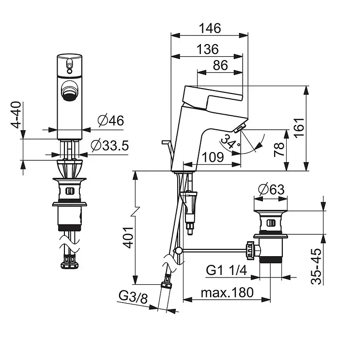 Hansa Vantis Waschtischarmatur S-Size - Chrom, Glänzend - Abbildung einer detaillierten technischen Zeichnung eines Wasserhahns mit allen Maßen.