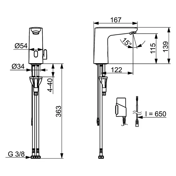 Hansa Electra Waschtischarmatur - Chrom, Glänzend - Technische Zeichnung eines Wasserhahns mit Maßangaben zu Durchmesser, Höhe und Ausladung für Installationszwecke.