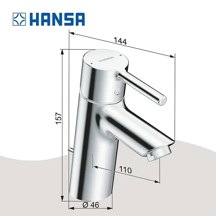 Hansa Vantis Waschtischarmatur S-Size - Chrom, Glänzend - Produktbild einer HANSA Waschtischarmatur mit Maßangaben, um Design und Größe hervorzuheben.
