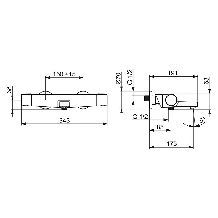 Hansa UP-Brausethermostat Optima - Chrom, Glänzend - Technische Zeichnung einer Armatur mit Maßangaben, inklusive Durchmesser, Längen, Gewinde und Winkel für Installationszwecke.