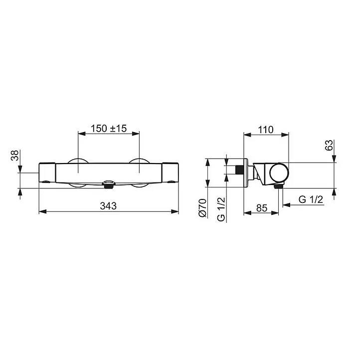 Hansa Brause-Thermostatarmatur Optima - Chrom - Technische Zeichnung einer Duscharmatur mit Maßangaben für Installation. Detaillierte Maße und Anschlussinformationen für Sanitärinstallateure.