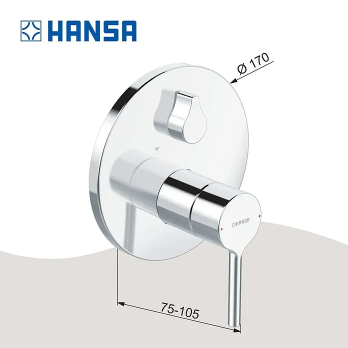 Hansa Vantis UP-Thermostatarmatur - Chrom, Glänzend - Produktbild einer HANSA Waschtischarmatur zur Wandmontage in Chrom mit Maßangaben.