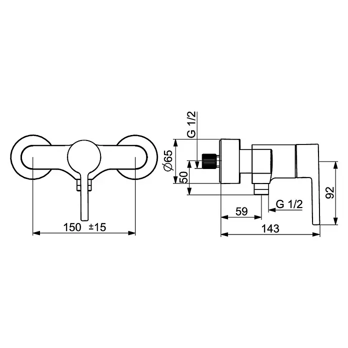 Hansa Vantis Brause-Thermostatarmatur - Chrom - Produktdiagramm einer Aufputz-Duscharmatur mit Maßangaben für Installation und Design, einschließlich Durchmesser und Anschlussgrößen.