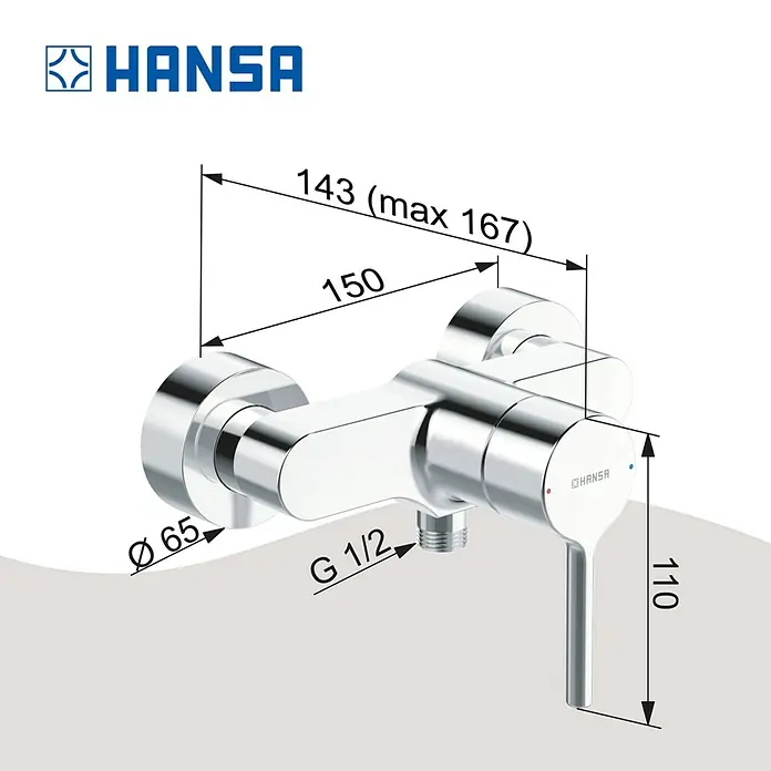 Hansa Vantis Brause-Thermostatarmatur - Chrom - Abbildung einer Hansa Duscharmatur mit Maßangaben, die die Abmessungen des Produkts veranschaulichen.