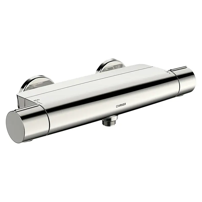 Hansa Brause-Thermostatarmatur Optima - Chrom - Nahaufnahme eines HANSA Thermostats, glänzend und modern designt, ideal für jedes Badezimmer mit seinem schlichten Chrom-Look.