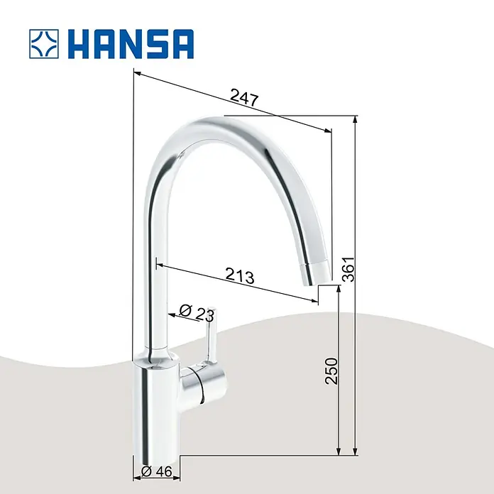 Hansa Vantis Spültischarmatur - Chrom, Glänzend - Abbildung einer Hansa Armatur mit verschiedenen Maßangaben, die die Dimensionen des Produkts veranschaulichen.